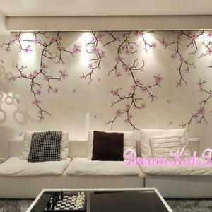 Living Space Interior Designs, Cherry Blossoms Tree Branches with Pink Flowers, Over Couch Bed Wall Decor, Floral Wall Decal Nursery-DK259
