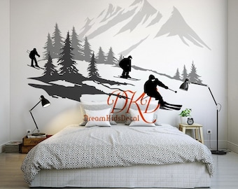Ski Wall Decal, Pine Tree Wall art, Downhill Mountains Wall Decal, Winter Sports Decal, Snow Freestyle Jumping Nursery Wall Decal Baby room
