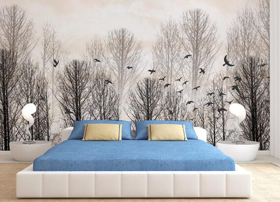 Tree Wall Mural Nursery Wallpaper Wall Mural Forest Pine Tree in in the fog light Self-adhesive Home Decor Modern Wall Art-140 x 87