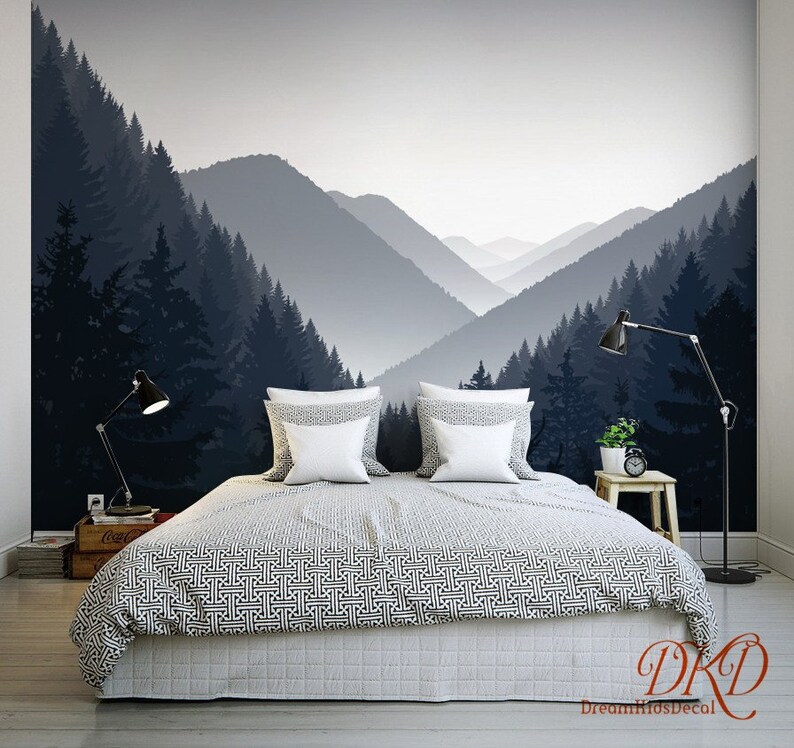 Mountain Wall Mural Grey Misty Mountain Landscape Wallpaper Etsy