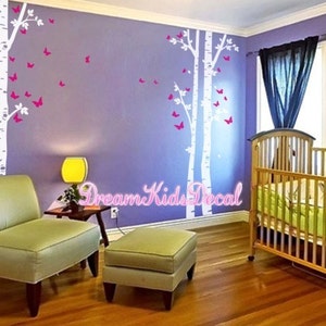 White Tree with Blue butterfly Wall Decal, Nature Mural Wall Stickers for Kids Girls Room Nursery Walls- set of 5 birch trees-DK260