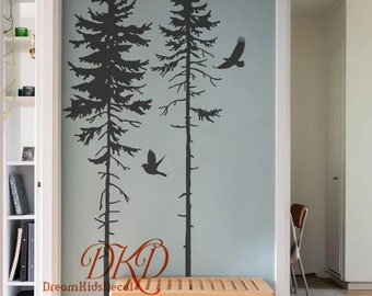 Pine Tree Wall Decal Kids room wall sticker, Tree with Birds, Pine Tree Decals for Nursery Baby Room Hallway