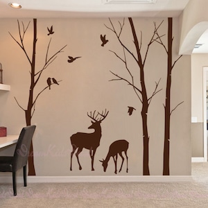 Birch trees decals, deer wall decals, nature wall decals, vinyl wall decal, wall decal stickers, birch tree, nursery wall stickers-DK112