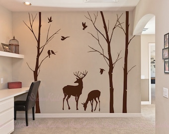 Deer wall decals, nature wall decals, vinyl wall decal, wall decal stickers, birch tree, nursery wall stickers-DK112