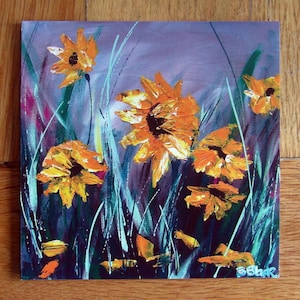 Grey Day Zonnebloemen, Fine Art Greeting Card, Groot, 150mm x 150mm, geel & grijs, landschap, geschikt alle gelegenheden, blanco, GRATIS LEVERING