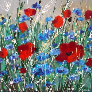 Flowers Fine Art Box Canvas Print | Poppies & Cornflowers | Grassy Wildflowers Landscape