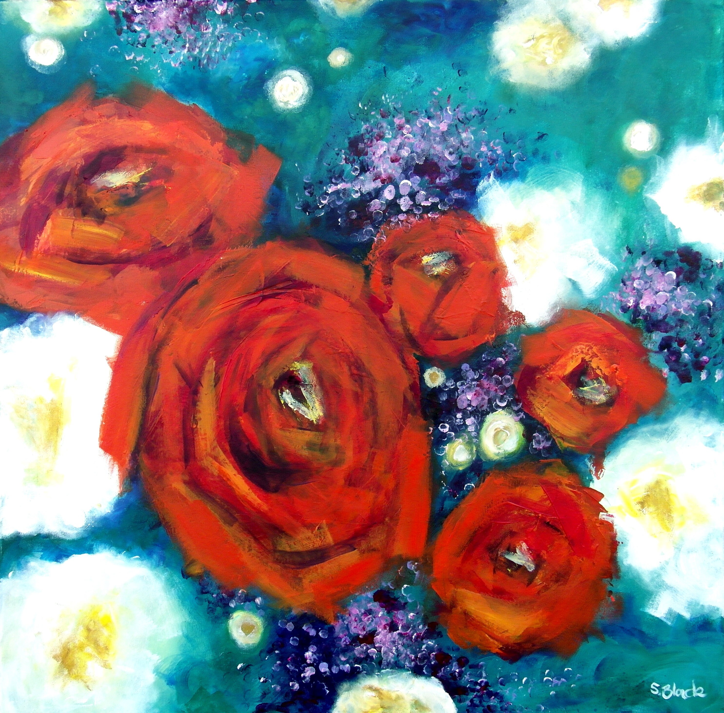 Large Original Acrylic Painting on Canvas Flowers Red Burnt Etsy