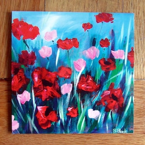 Klaprozen & Pinks, Fine Art Greeting Card, Large, 150mm x 150mm, rood en roze bloemenlandschap, geschikt voor alle gelegenheden, blanco, GRATIS LEVERING