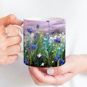 Cornflowers Ceramic Mug | Fine Art Gift | Cornflowers & Daisies | Scottish Landscape Painting | Blue, White flowers | Grassy Landscape