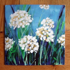 Witte Plooms, Fine Art Wenskaart, Groot, 150mm x 150mm, Witte Bloemen, Blauw, Groen, geschikt alle gelegenheden, blanco, GRATIS LEVERING