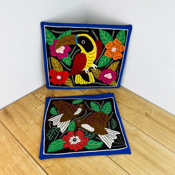 2 Vintage Panama Kuna Mola Folk Art Birds Pictures Appliqué Embroidery