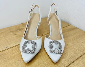 Monsoon Ivory Satin Bridal Slingback Court Shoes UK 8 EU41 Crystal Wedding NWT