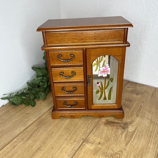 Large Vintage Wooden Jewellery Cabinet Box Wardrobe Mirror Drawers Rings Floral