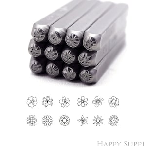 12pcs Set Flower Steel Metal Stamp for Jewelry, Flores Metal Stamping Punch Tools, 3mm Hardness Steel Hand DIY Jewelry Stamping Tool