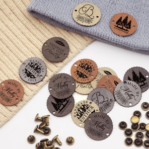 Etiquetas personalizadas de piel sintética para prendas de punto y crochet / Etiquetas de punto con remaches de tornillo Chicago / Etiquetas comerciales para gorros / Etiqueta de crochet / Tejidos de punto