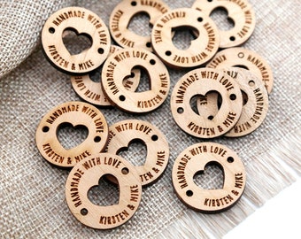 Custom Wooden Knit Crochet Buttons Tags, Personalized Engraved Wooden Buttons with Yarn Heart, Removable Pom Pom Buttons, Pompom Tags