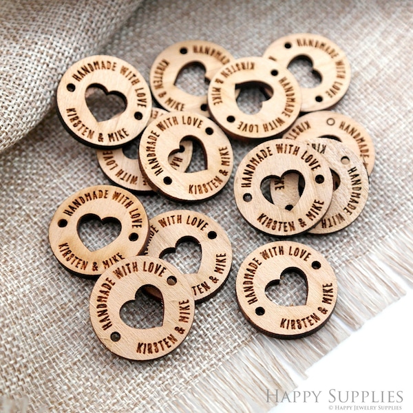 Custom Wooden Knit Crochet Buttons Tags, Personalized Engraved Wooden Buttons with Yarn Heart, Removable Pom Pom Buttons, Pompom Tags