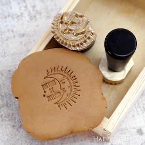 The custom pottery clay stamp is made of brass with 5mm thickness engraving depth. It is hard and details can perfect show out the design details in the clay. Also the ceramic stamp is come with black handle with the wooden box and good for a gift.