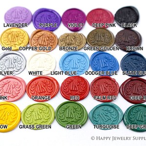 May include: A variety of wax seal stamps in different colors, including lavender, purple, violet, deep pink, black, gold, copper gold, bronze, green golden, brown, silver, white, light blue, dodger blue, slate blue, pink, orange, red, palm red, deep red, yellow, grass green, green, turquoise, and deep green. The stamps feature a design of a wreath with the letters "HS" in the center.