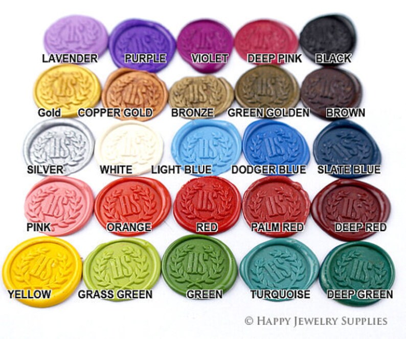 May include: A variety of wax seal stamps in different colors, including lavender, purple, violet, deep pink, black, gold, copper gold, bronze, green golden, brown, silver, white, light blue, dodger blue, slate blue, pink, orange, red, palm red, deep red, yellow, grass green, green, turquoise, and deep green. The stamps feature a design of a wreath with the letters "HS" in the center.