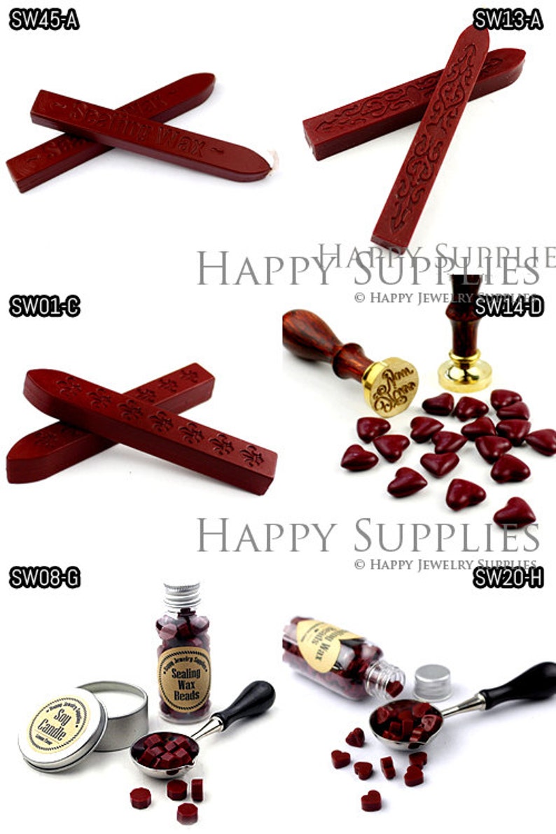 May include: Assortment of sealing wax sticks, beads, and a candle in a tin container. The wax is red and has a variety of designs. The sticks are labeled "Sahne Wax" and the beads are labeled "Sealing Wax Beads".