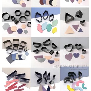 May include: A set of 12 leather cutting dies in various shapes, including teardrops, circles, hexagons, squares, triangles, hearts, arches, and crescents. The dies are made of metal and are used to cut leather for crafting projects.