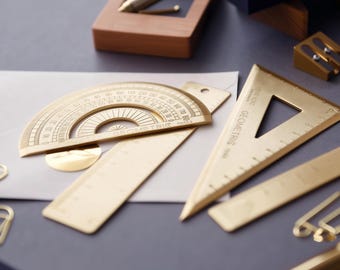 Minimalistic Brass Ruler Triangle Ruler Protractor Measurement Tool Drawing Ruler, School Supplies