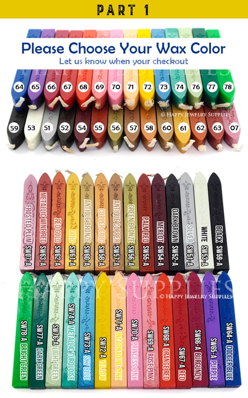 Sealing wax stick with wick and  35 colors are showed.