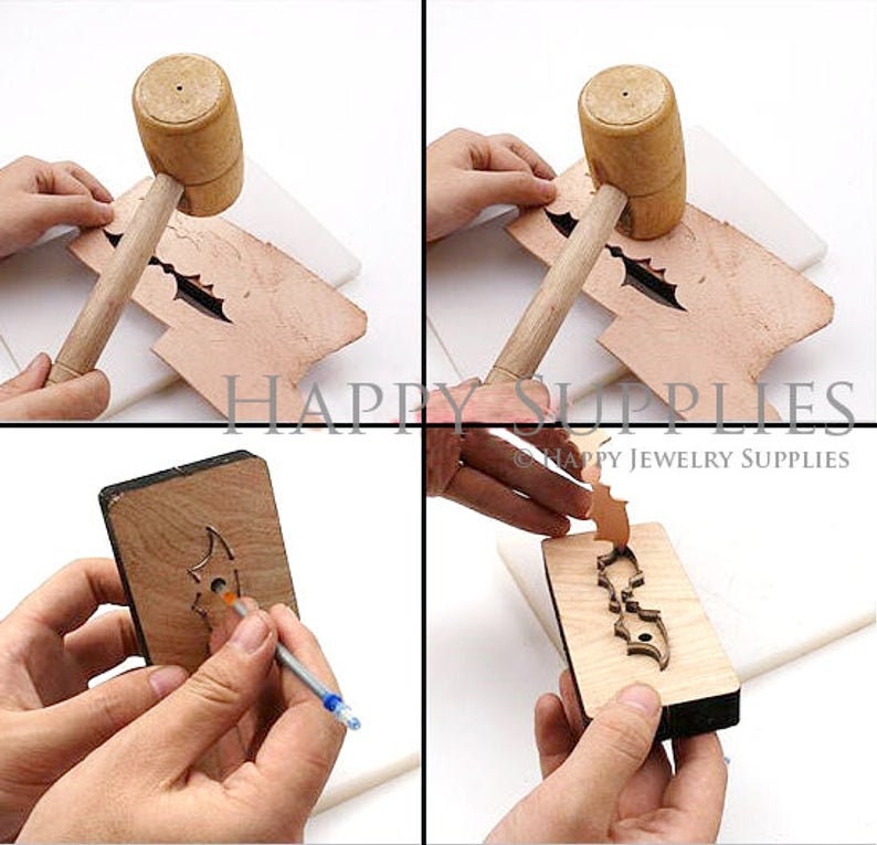 May include: A leather craft tool for cutting out shapes. The tool is made of wood and has a metal blade. The tool is being used to cut out a bat shape from a piece of leather. The leather is being held in place by a wooden block. A hammer is used to press the tool into the leather.