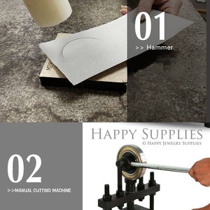 May include: A two-step process for making jewelry using a hammer and a manual cutting machine. The first step shows a person using a hammer to create a circle on a piece of material. The second step shows a person using a manual cutting machine to cut out the circle.