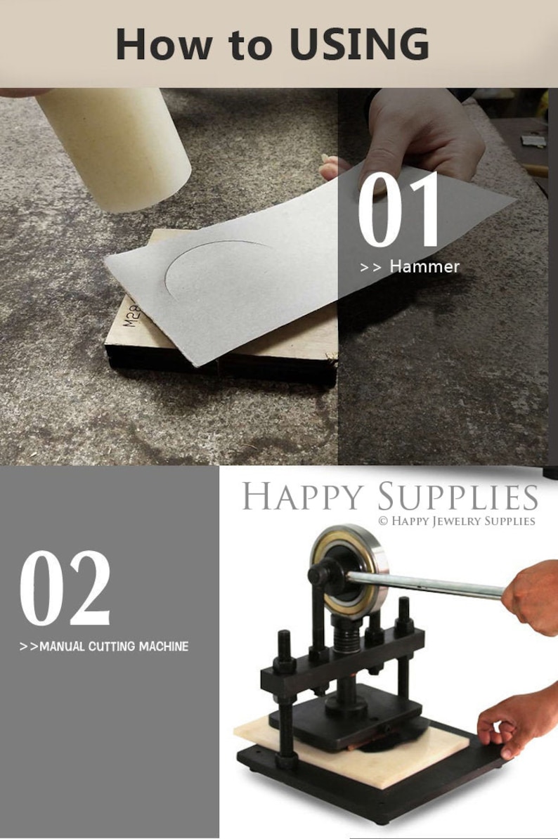 May include: A two-step process for making jewelry using a hammer and a manual cutting machine. The first step shows a person using a hammer to create a circle on a piece of material. The second step shows a person using a manual cutting machine to cut out the circle.
