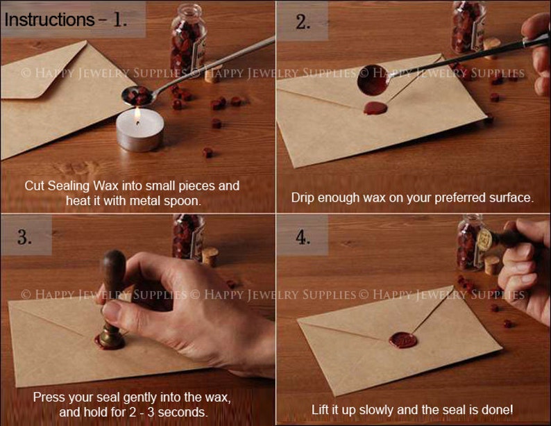 May include: A four-step guide to sealing an envelope with wax. Step 1: Cut wax into small pieces and melt it with a spoon. Step 2: Drip the melted wax onto the envelope. Step 3: Press a seal into the wax. Step 4: Lift the seal up slowly.