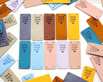 50 Cloth Tags for Knits and Crochet, Leather Suede Fabric Tags, Handmade with Love Hearts, Sew in Label, Embossed Crochet Tags, Knitting Tag