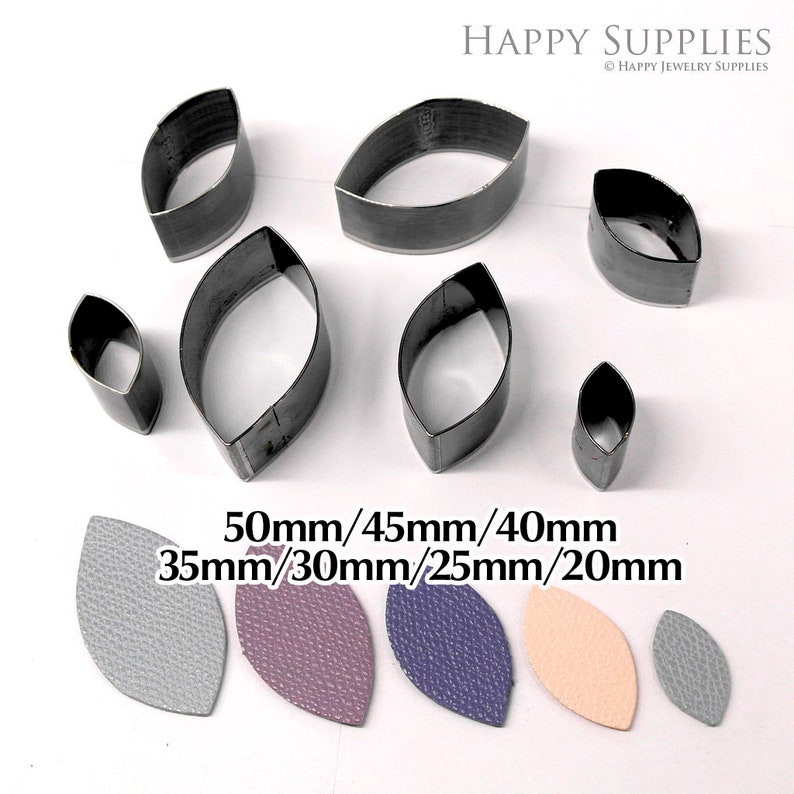 May include: Set of 7 metal leaf-shaped leather punches in various sizes: 50mm, 45mm, 40mm, 35mm, 30mm, 25mm, and 20mm.  The image also shows 6 leather pieces cut with the punches in various colors.