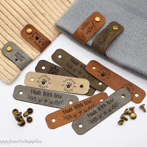 Etiquetas personalizadas de piel sintética para prendas de punto y crochet / Etiquetas de punto con remaches de tornillo Chicago / Etiquetas comerciales para gorros / Etiqueta de crochet / Tejidos de punto
