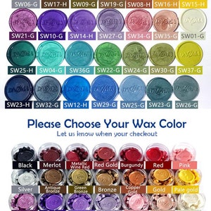 Wax seal beads in 28 colors.  The wax seal sample are showed in the top part. The bottom part is the wax sealing beads and wax seals sample in the boxes.