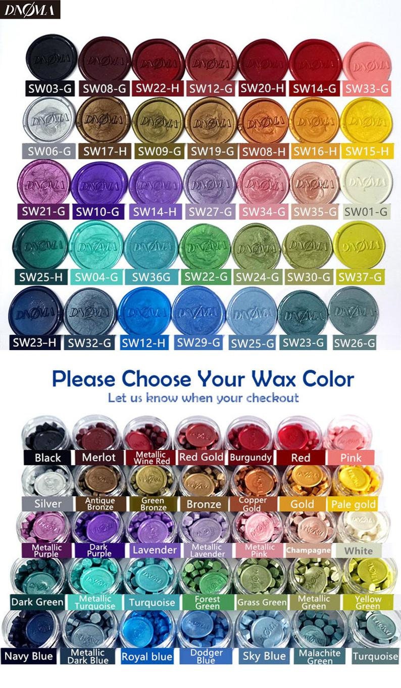 Wax seal beads in 28 colors.  The wax seal sample are showed in the top part. The bottom part is the wax sealing beads and wax seals sample in the boxes.