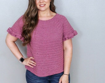 Crochet Top Pattern, Women's Crochet Top with Ruffle Sleeves, Flounce Sleeve Sweater, XS-5X, Instant Download PDF