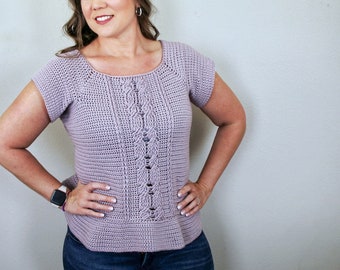 Cabled Peplum Top Crochet Pattern, Women's Crochet Tee,  Instant Download