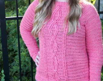 Cabled Sweater Crochet Pattern, Women's Cabled Crochet Sweater, Crossroads Sweater, Instant Download