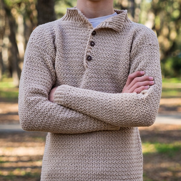 Patrón de suéter de crochet para hombre, suéter de cuello simulado con botones, suéter Bramley, descarga instantánea