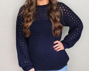 Crochet Sweater Pattern, Spring Crochet Top, Eyelet Sleeves, Raglan Sweater, XS-5X, Instant Download PDF