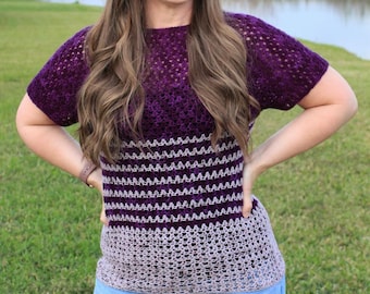 Summer Crochet Top Pattern, Women's Raglan Tee Shirt, Lacy Crochet Top, XS-3X, Instant Download PDF
