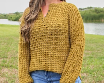 Crochet Waffle Stitch Henley Shirt Pattern: Women's Sweater (PDF Download)