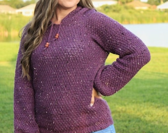 Crochet Hoodie Pattern, Women's Hoodie, Alpine Stitch Crochet Sweater, XS-5X, Instant Download PDF