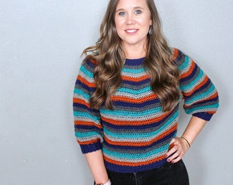 Vintage Striped Crochet Sweater Pattern, Women's Crochet Sweater, Short Sleeved Sweater, XS-5X, Instant Download PDF