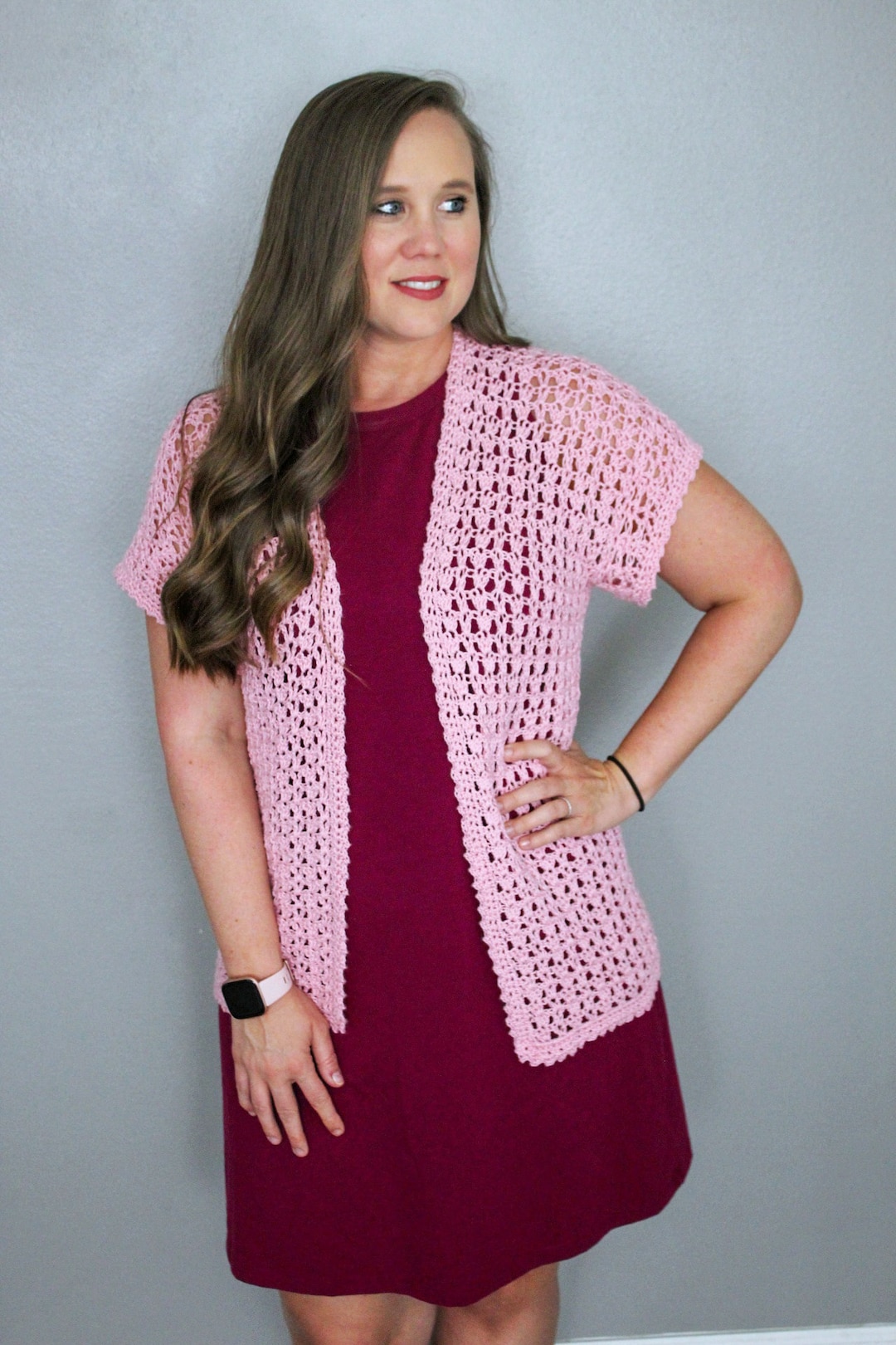 カーディガン Katie - LACY LACY cardigan PINK CROCHET PATTERN, Short Sleeved Cardigan, Women's Sizes XS-5X, Lacy