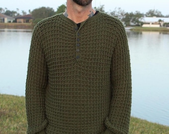 Men's Crochet Sweater Pattern, Waffle Stitch Crochet Sweater, Men's Henley Shirt, S-5X, Instant Download PDF