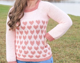 Paris Sweater Crochet Pattern: Women's Heart Motif Fair Isle (PDF Download)