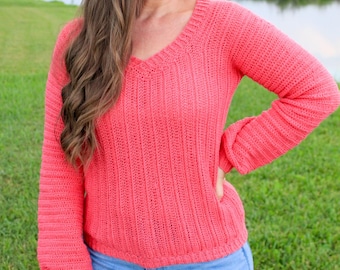 Women's V-Neck Crochet Sweater Pattern + Video Tutorial, Lightweight Crochet Sweater, XS-5X, Fall Crochet Top Pattern, Instant Download Pdf
